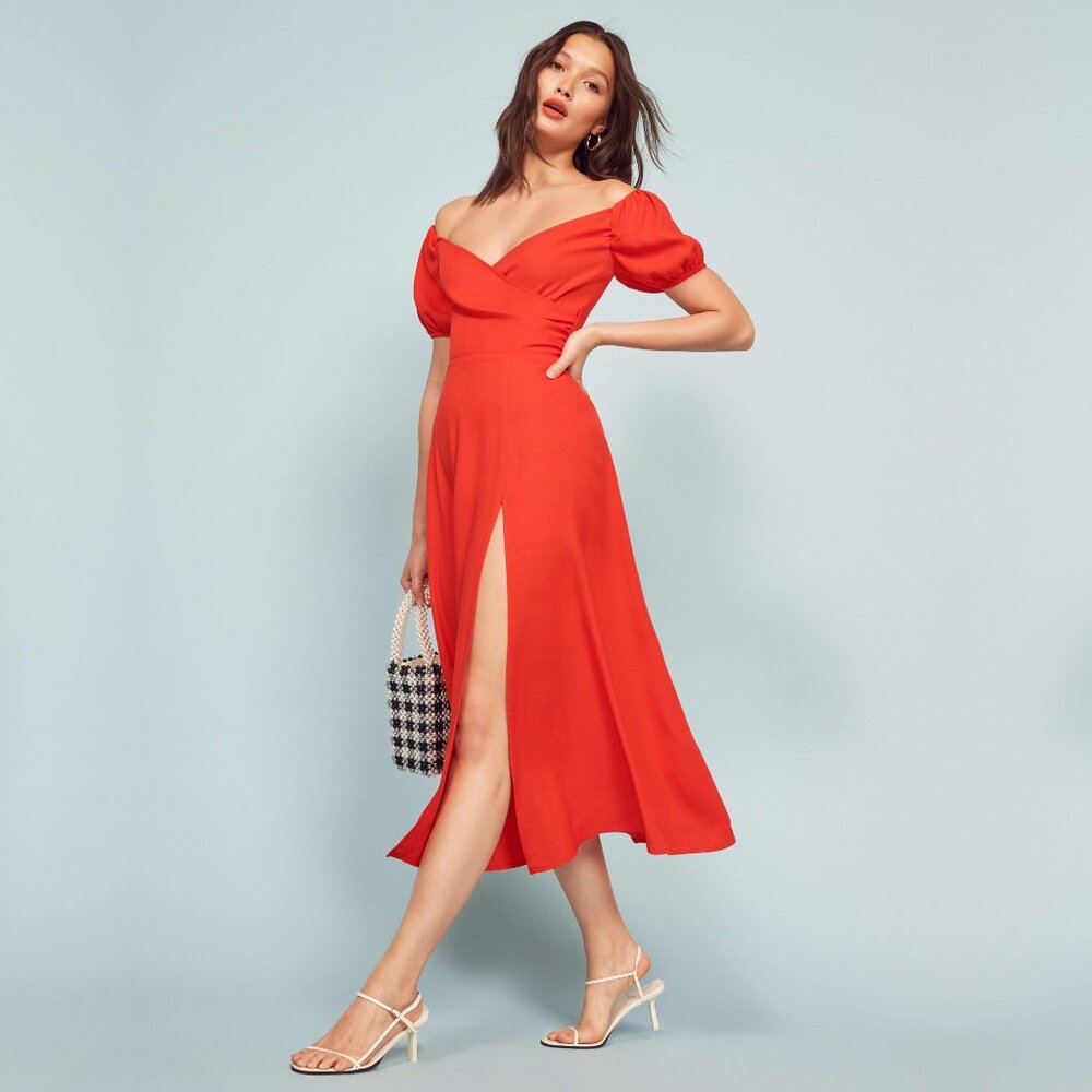 Reformation Red Off-Shoulder Midi Dress with Side Slit